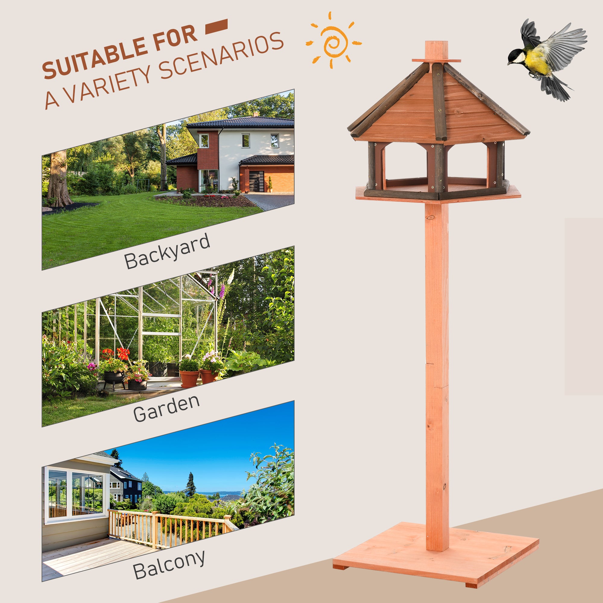 PawHut Wooden Bird Table Bird Feeding Station Playstand with Roof 130Hcm for Outdoor Brown 