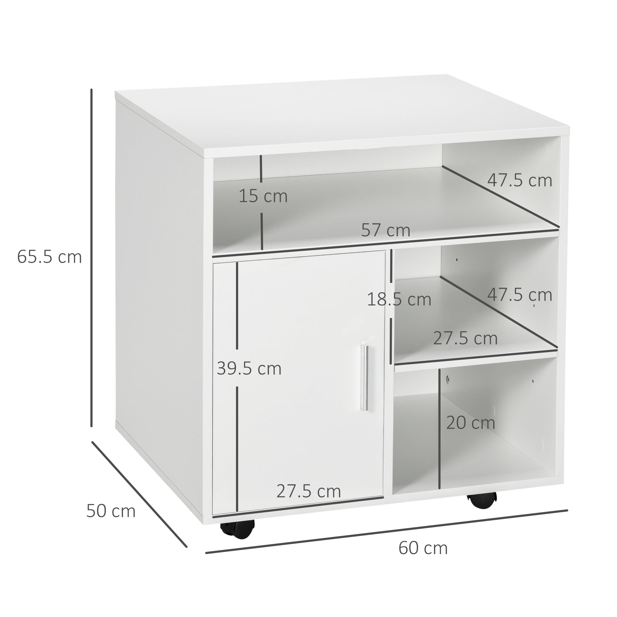 HOMCOM Multi-Storage Printer Stand Unit Office Desk Side Mobile Storage w/ Wheels Modern Style 60L x 50W x 65.5H cm - White 
