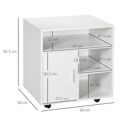 HOMCOM Multi-Storage Printer Stand Unit Office Desk Side Mobile Storage w/ Wheels Modern Style 60L x 50W x 65.5H cm - White 