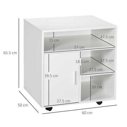 HOMCOM Multi-Storage Printer Stand Unit Office Desk Side Mobile Storage w/ Wheels Modern Style 60L x 50W x 65.5H cm - White 
