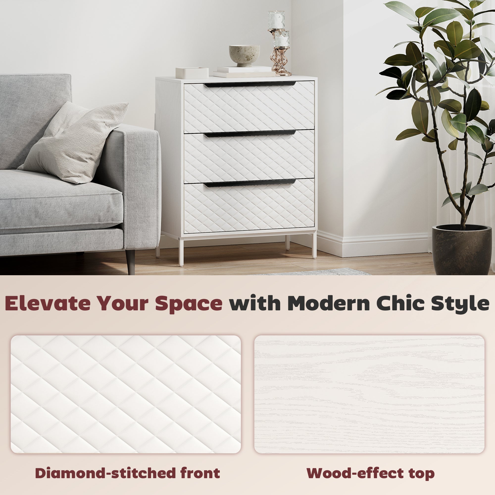 HOMCOM Chest of Drawers, Dresser with 3 Fabric Drawers and Aluminium Handles - White 