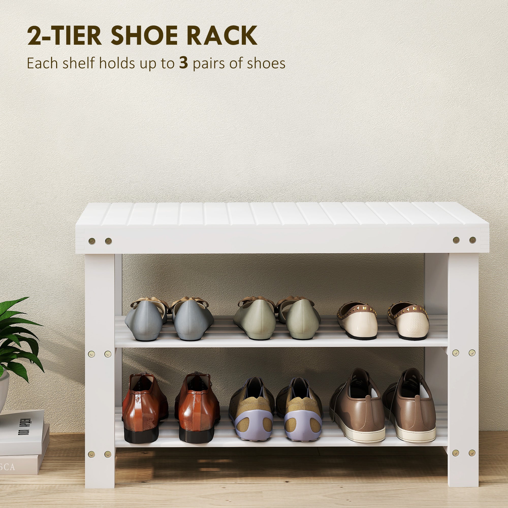 HOMCOM Two Shelf Bamboo Shoe Storage Bench - White 
