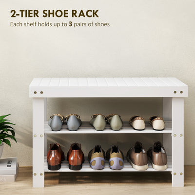 HOMCOM Two Shelf Bamboo Shoe Storage Bench - White 