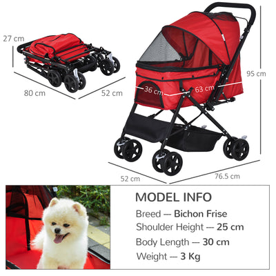 PawHut Pet Stroller Pushchair Foldable Travel Dog Cat Carriage w/ Reversible Handle Brake Basket 