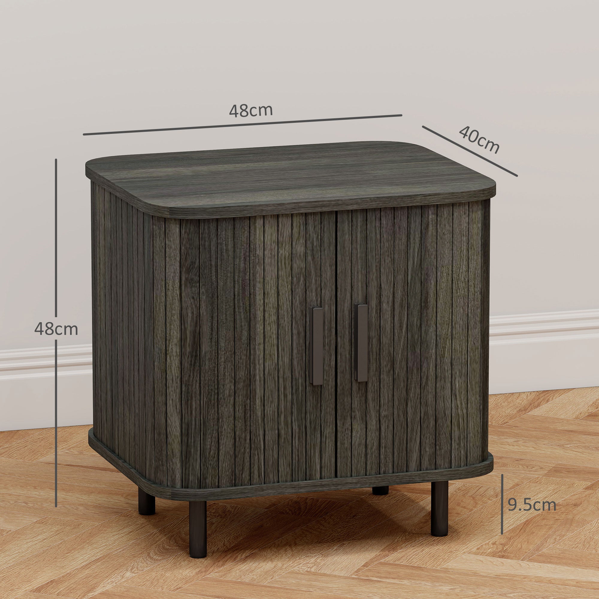 HOMCOM Bedside Table, Nordic Side Table with Roller Shutter Style Sliding Doors and Metal Legs for Bedroom, Living Room, Grey