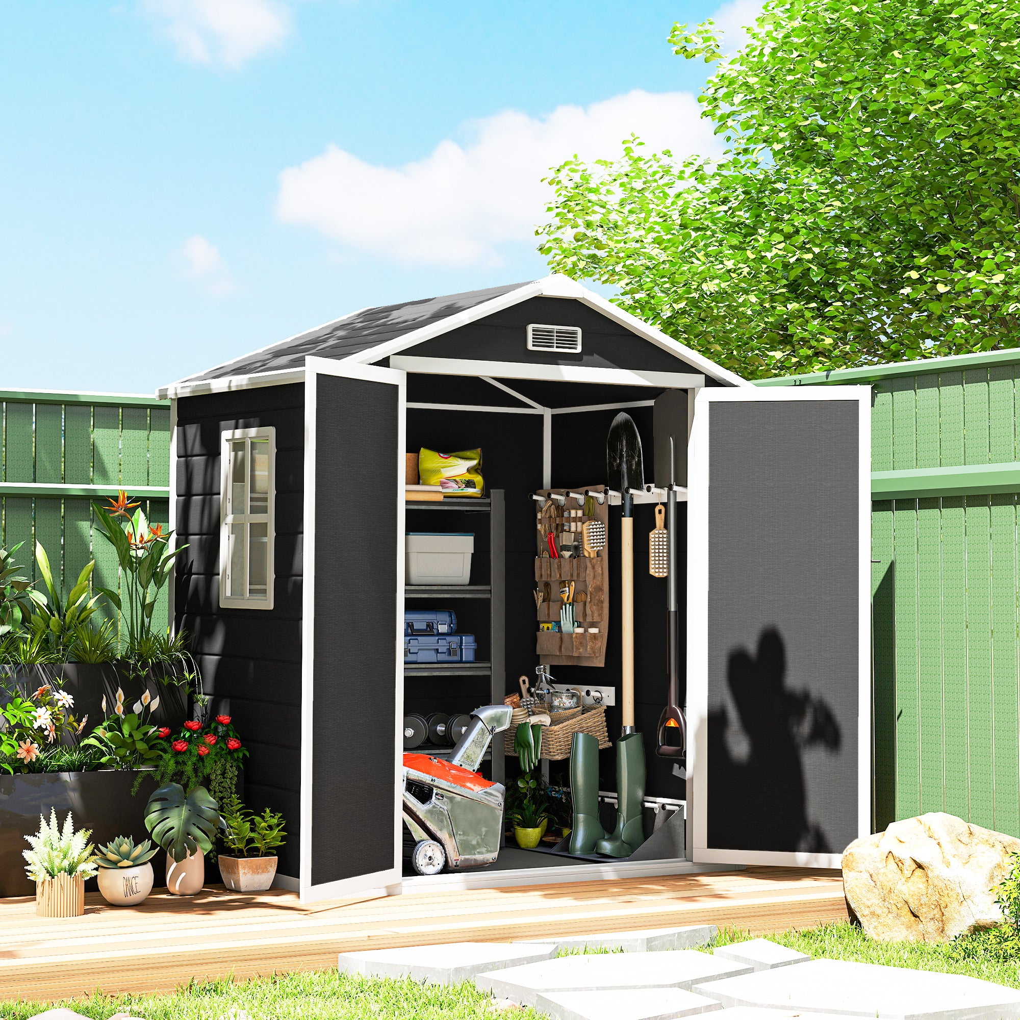 Outsunny 6'x4.5' Garden Storage Shed, Lockable Garden Shed with Double Doors, Window, Vent and Plastic Roof, Black 