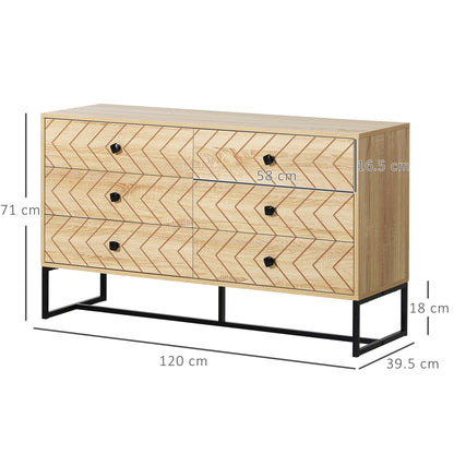 HOMCOM Bedroom Chest of Drawers, 6 Drawer Dresser, Sideboard Cabinet with Zigzag Design and Metal Base, Storage Drawer Unit, 120x71cm, Natural 