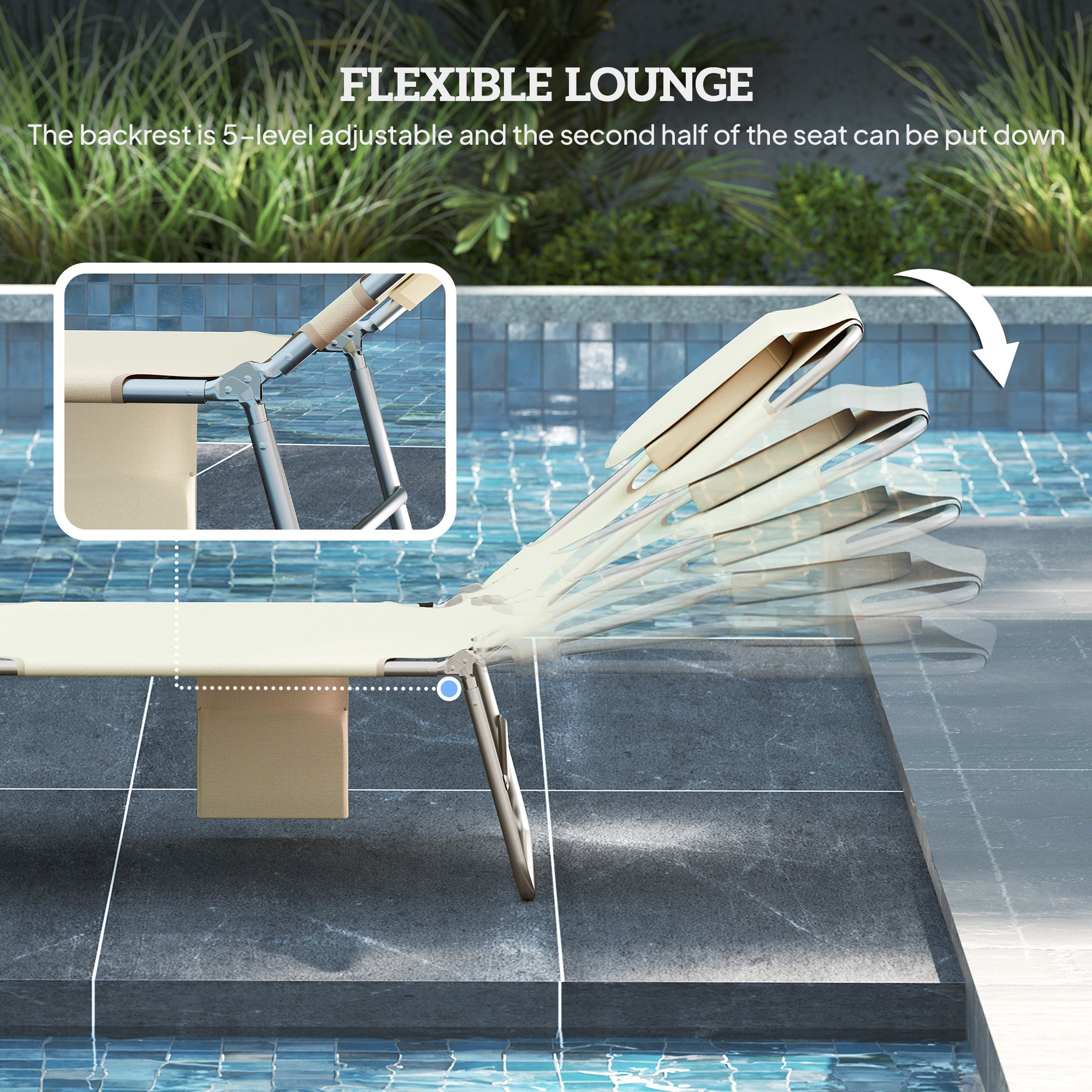 Outsunny 5-Position Adjustable Sun Loungers Set of 2 with Reading Hole and Side Pocket, Beige 