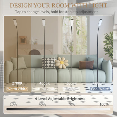 HOMCOM LED Floor Lamp, Standing Lamp with Remote & Touch Control, Stepless Dimmable Colours Temperature & Brightness, 360° Adjustable Gooseneck, 1 Hour Timer, Memory Function for Living Room, Black 