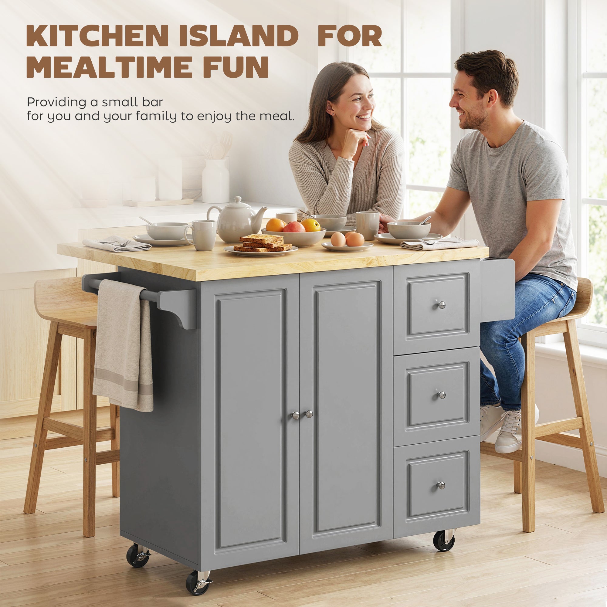 HOMCOM Kitchen Island on Wheels, Rolling Kitchen Storage Trolley with Drop Leaf, Drawers, Towel and Spice Rack, Grey 