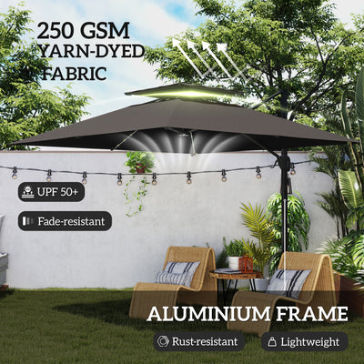 Outsunny 3.5x3 m Garden Cantilever Parasol with Solar LED Lights and Centre Light, Aluminium Large Square Patio Umbrella, UPF50+ Hanging Sun Shade with Cross Base, Crank Handle and Tilt, Grey 