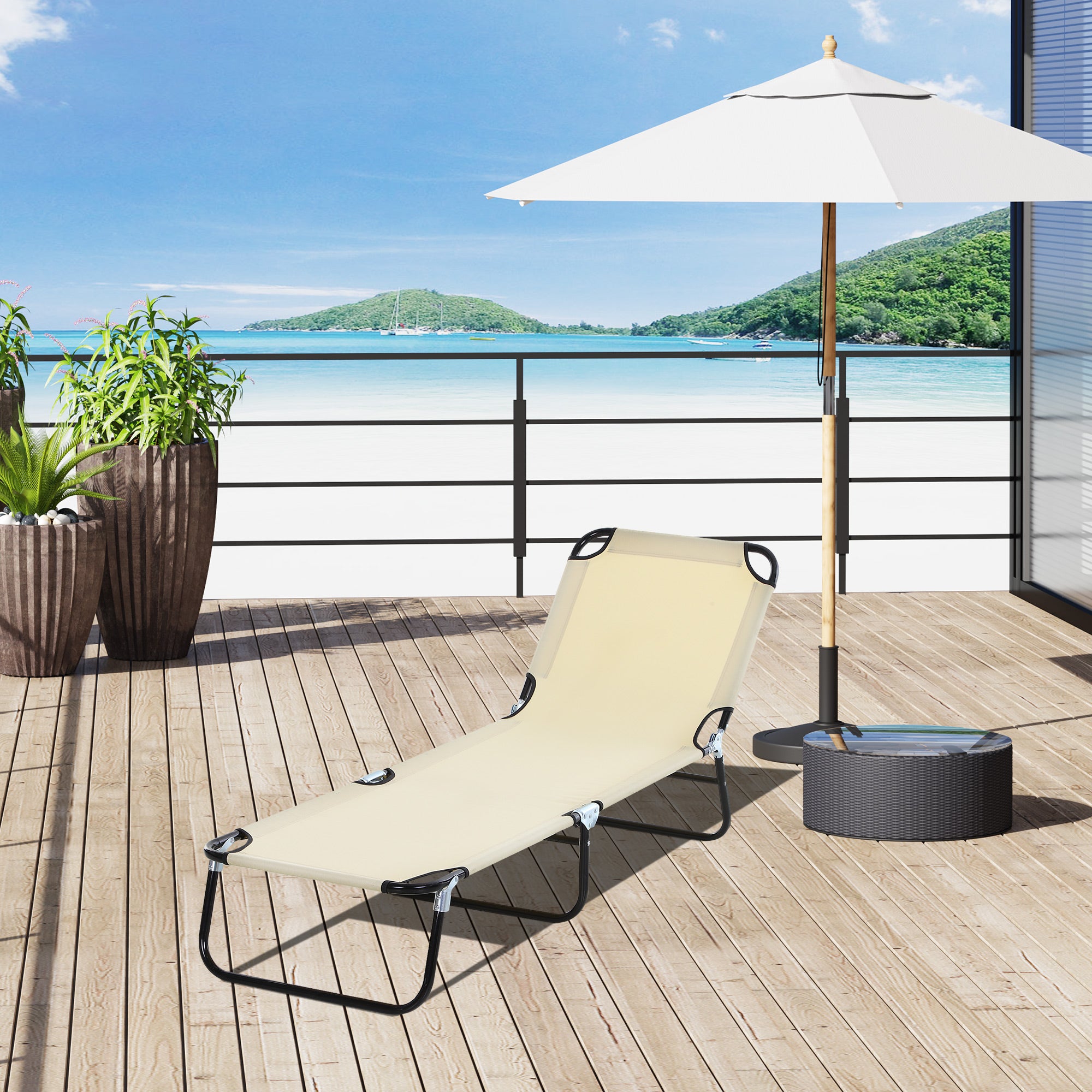 Outsunny Foldable Sun Lounger with 5-Position Adjustable Backrest, Outdoor Portable Recliner Chaise Lounge Chair with Breathable Mesh Fabric, Beige 