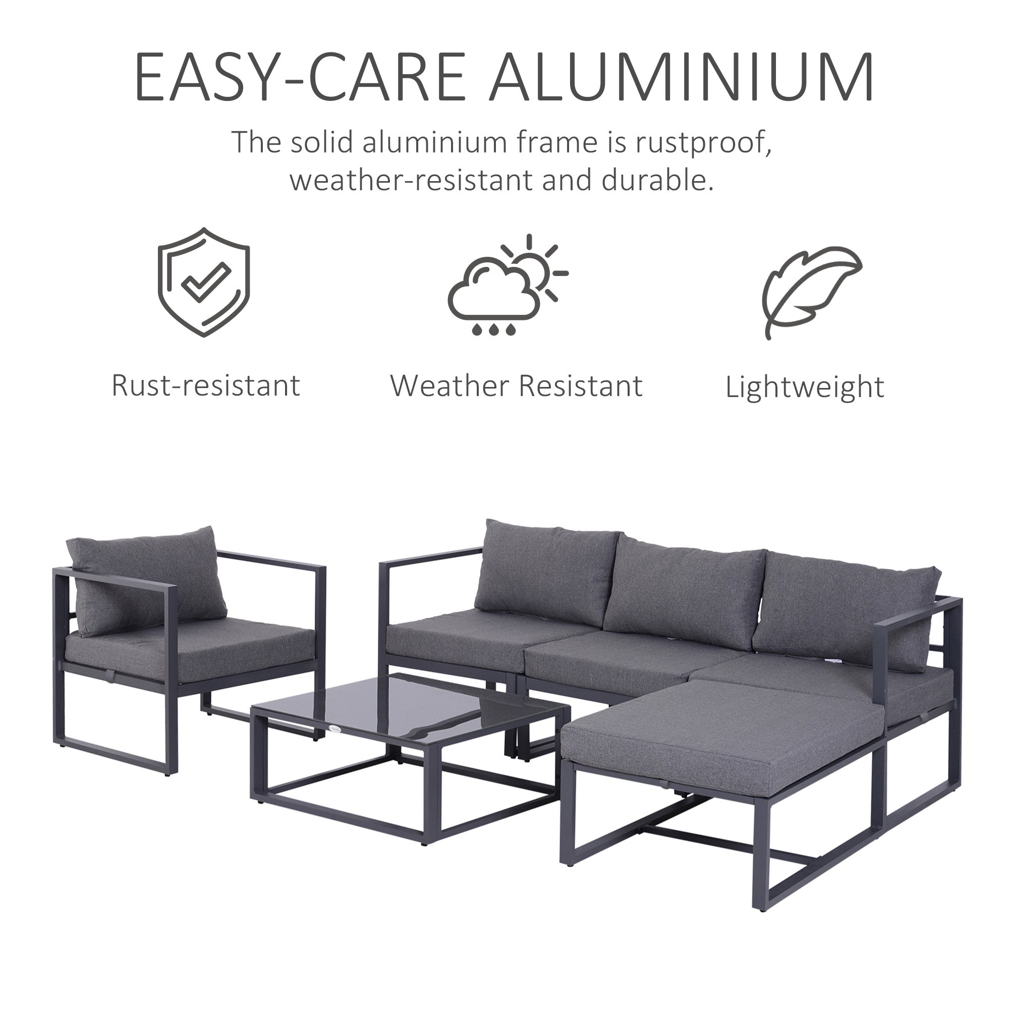 Outsunny 6 PCs Outdoor Indoor Sectional Sofa Set Thick Padded Cushions Aluminium Frame 5 Seaters 1 Coffee Table Footrest Grey 