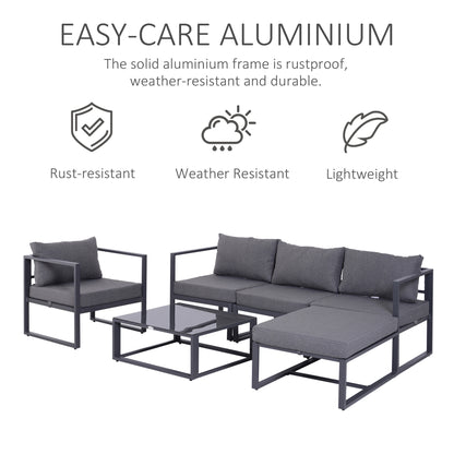 Outsunny 6 PCs Outdoor Indoor Sectional Sofa Set Thick Padded Cushions Aluminium Frame 5 Seaters 1 Coffee Table Footrest Grey 