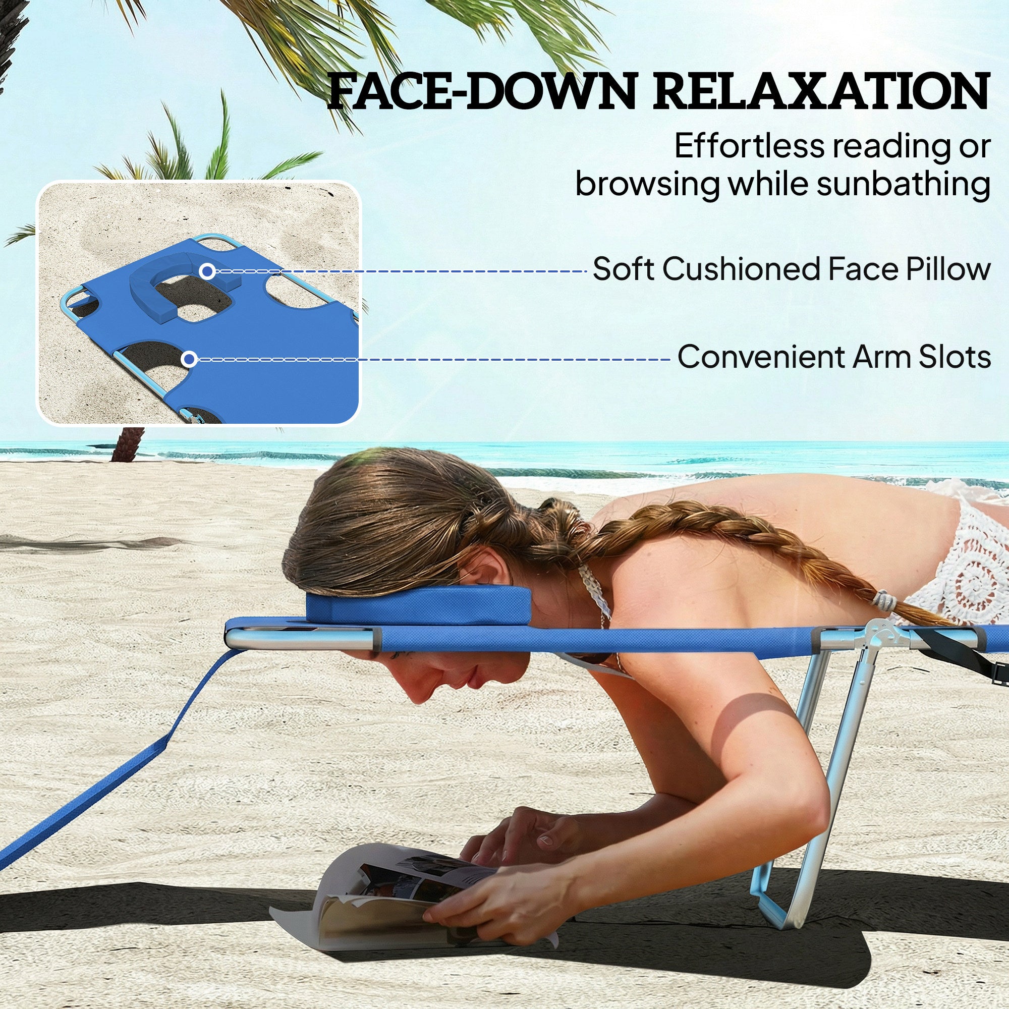 Outsunny 5-Position Adjustable Sun Loungers Set of 2 with Reading Hole and Side Pocket, Blue 