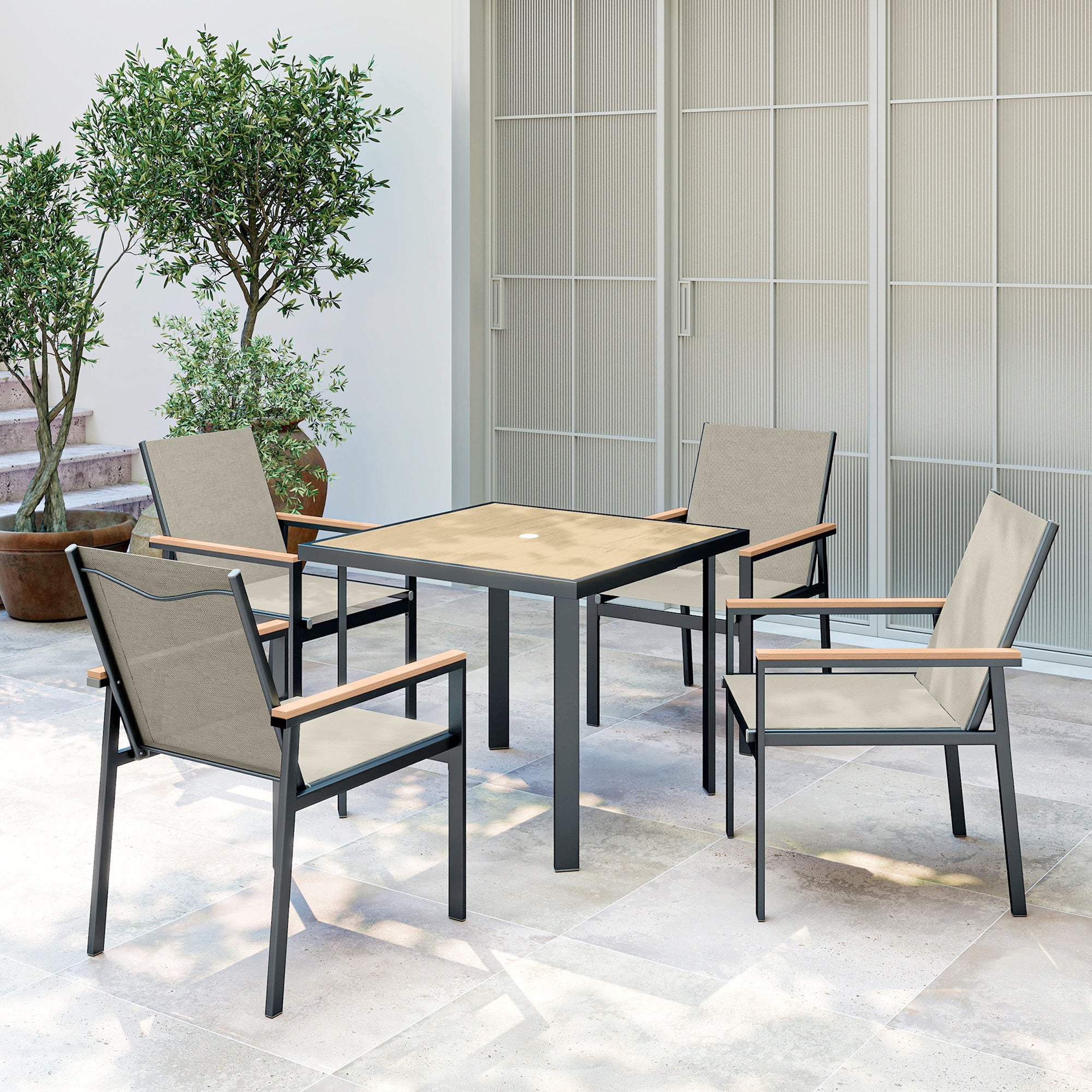 Outsunny Five-Piece Metal Dining Set, with Glass-Top Table - Khaki 