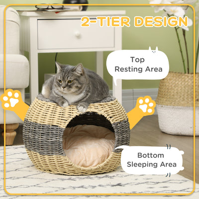 PawHut Wicker Cat House, Rattan Raised Cat Bed, Cosy Kitten Cave with Soft Washable Cushion, \'ce\'a640 x 30cm 