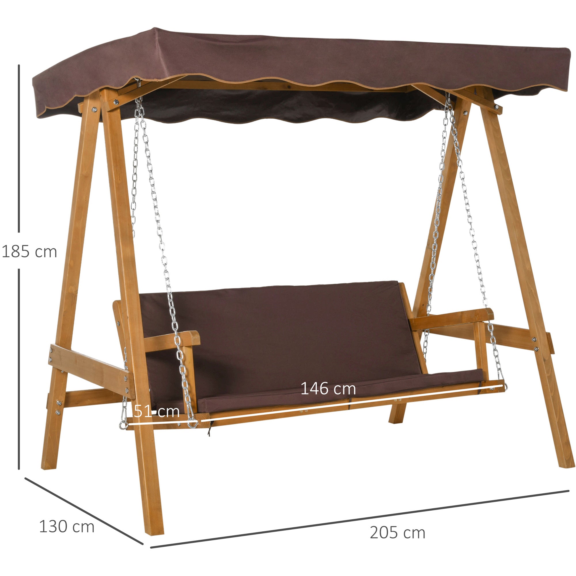 Outsunny 3 Seater Garden Swing Seat Outdoor Swing Chair with Adjustable Canopy, Wooden Hammock Bench with  Padded Cushions for Patio Yard, Brown 