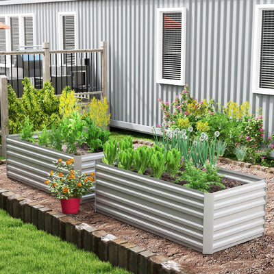 Outsunny Set of 2 Raised Beds for Garden, Galvanised Steel Outdoor Planters with Multi-reinforced Rods for Vegetables, Plants, Flowers and Herbs, 180 x 90 x 59 cm, Light Grey 