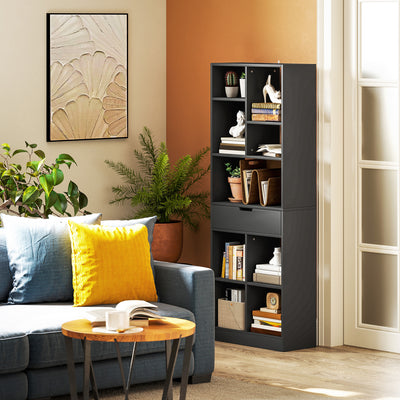 HOMCOM Tall Bookshelf with Drawer, Freestanding Bookcase for Bedroom, Living Room, Home Office, Black 