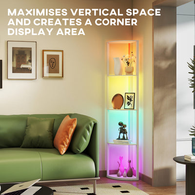 HOMCOM RGB LED Floor Lamp with Shelves, 5-Tier Dimmable Standing Lamp with Adjustable Brightness and Remote Control, Modern Corner Display Shelf Unit for Living Room Bedroom Office, Oak 