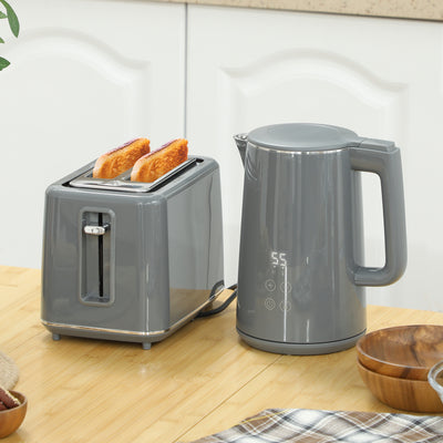 HOMCOM Digital Kettle and Toaster Set, 1.5L 3000W Fast Boil Kettle, 2 Slice Toaster Kitchen Set with 7 Level Browning Controls, Defrost, Reheat, Keep Warm, Crumb Tray and LED Touch Display, Grey 