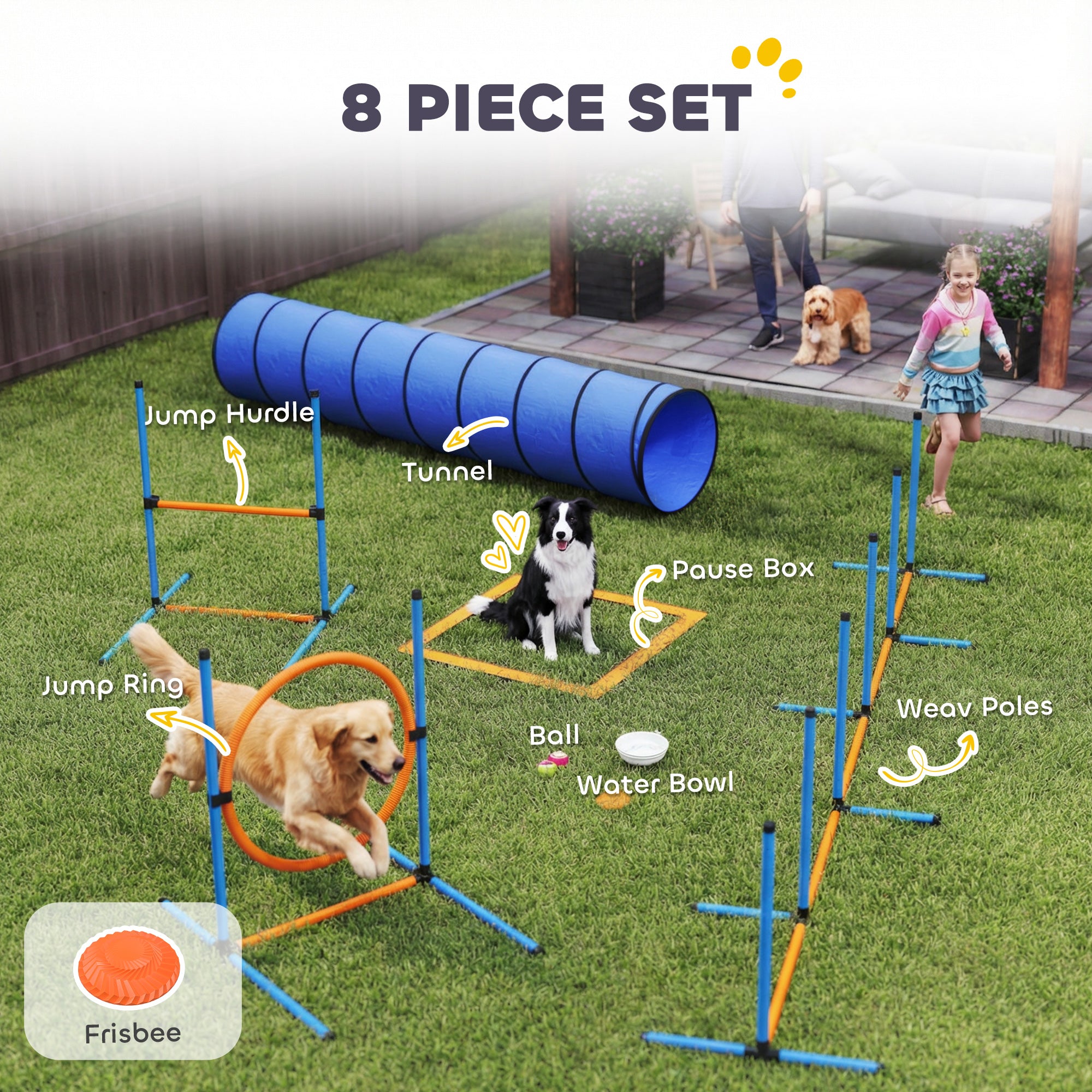 PawHut Dog Agility Equipment, 8PCS Agility Training Set with Tunnel, Weave Poles, Adjustable Hurdles, Jump Ring 