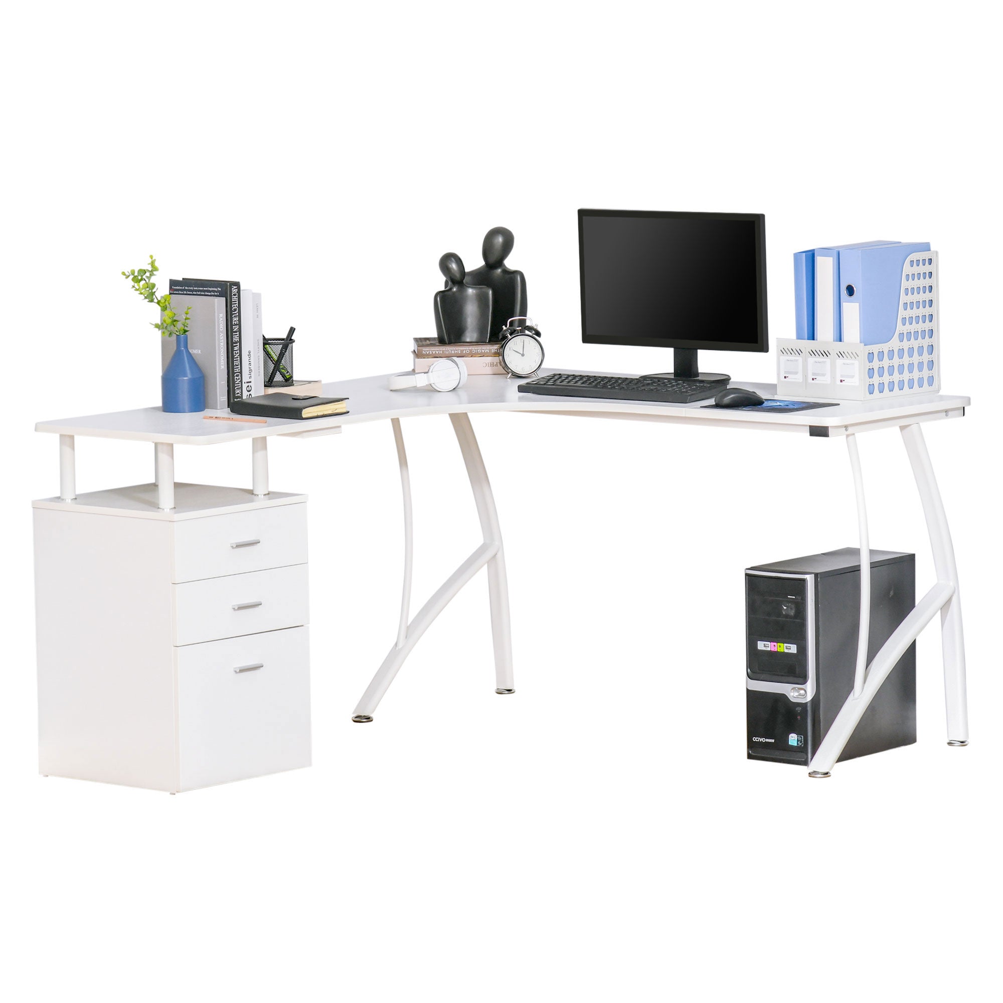HOMCOM L-Shaped Computer Desk Table with Storage Drawer, Home Office Desk Corner Industrial Style Workstation for A4 Files 143.5 x 143.5 x 76cm, White 