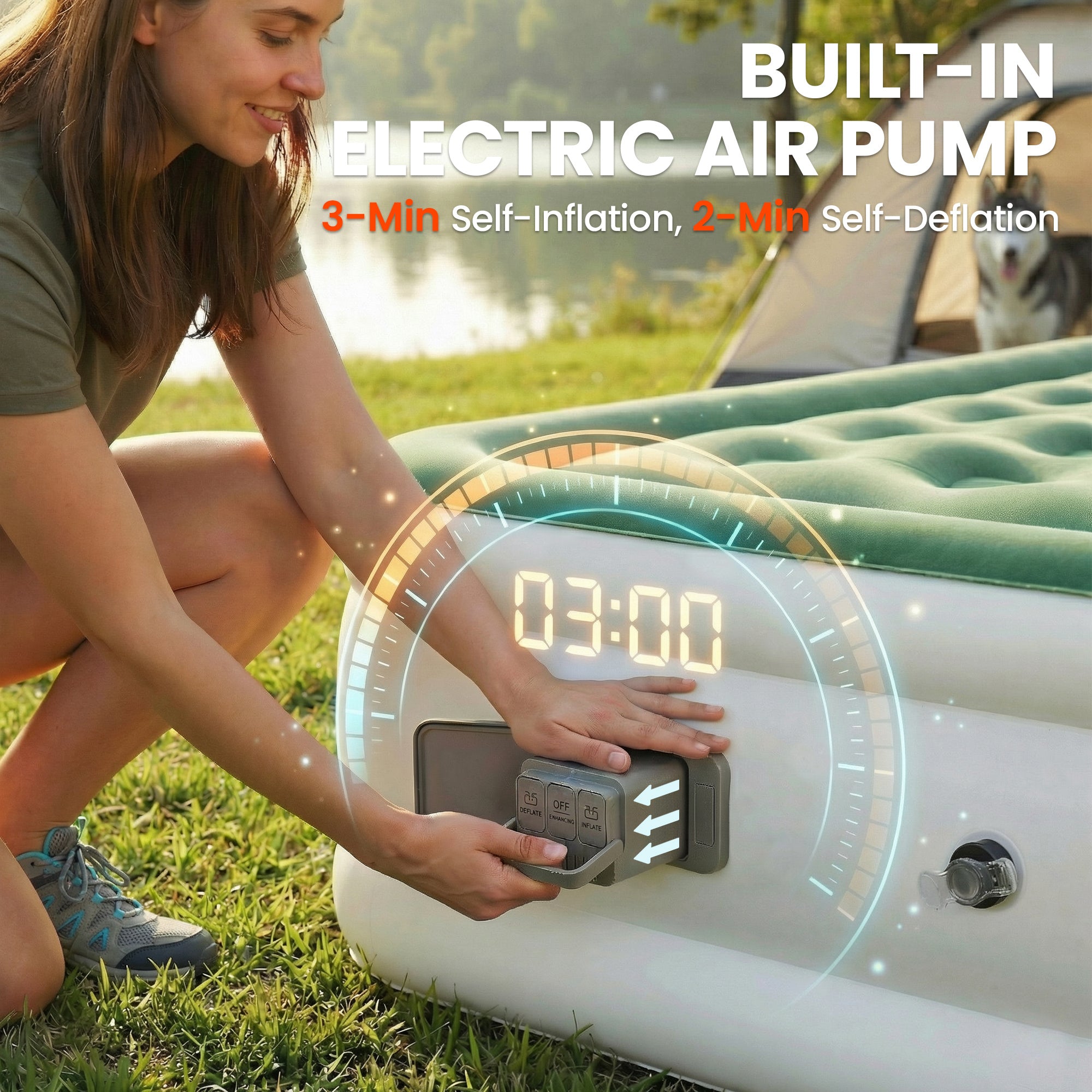 Outsunny Inflatable Mattress, Double Air Bed with Built-in Electric Pump, 3 Mins Inflation, Flocked Surface, Dark Green 