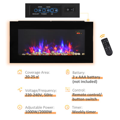 HOMCOM LED Wall Mounted Fireplace Curved Glass Electric Fire Place for Living Room, 1000W/2000W, 48H x 90.8W x 11.5Dcm, Black 