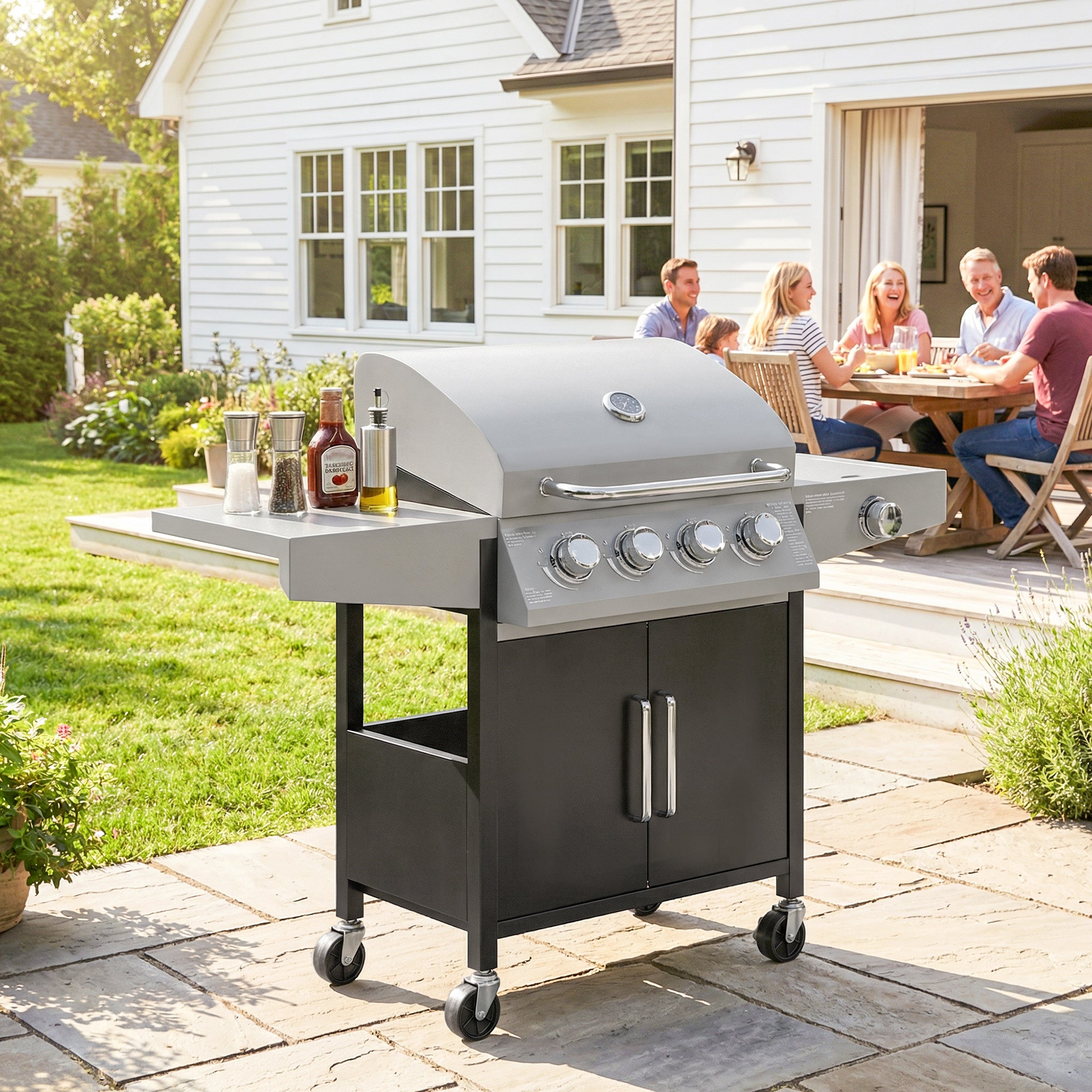 Outsunny 4+1 Burner Gas BBQ Grill with Side Burner, 50000 BTU Steel Portable Gas Barbecue Grill with Built-in Thermometer, Lid 