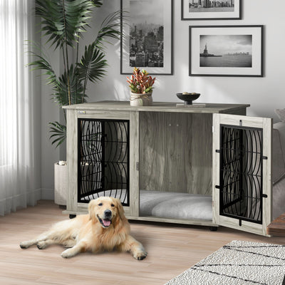PawHut Indoor Dog Crate Furniture End Table with Soft Washable Cushion, Lockable Front Door, for Extra Large Dogs - Grey 