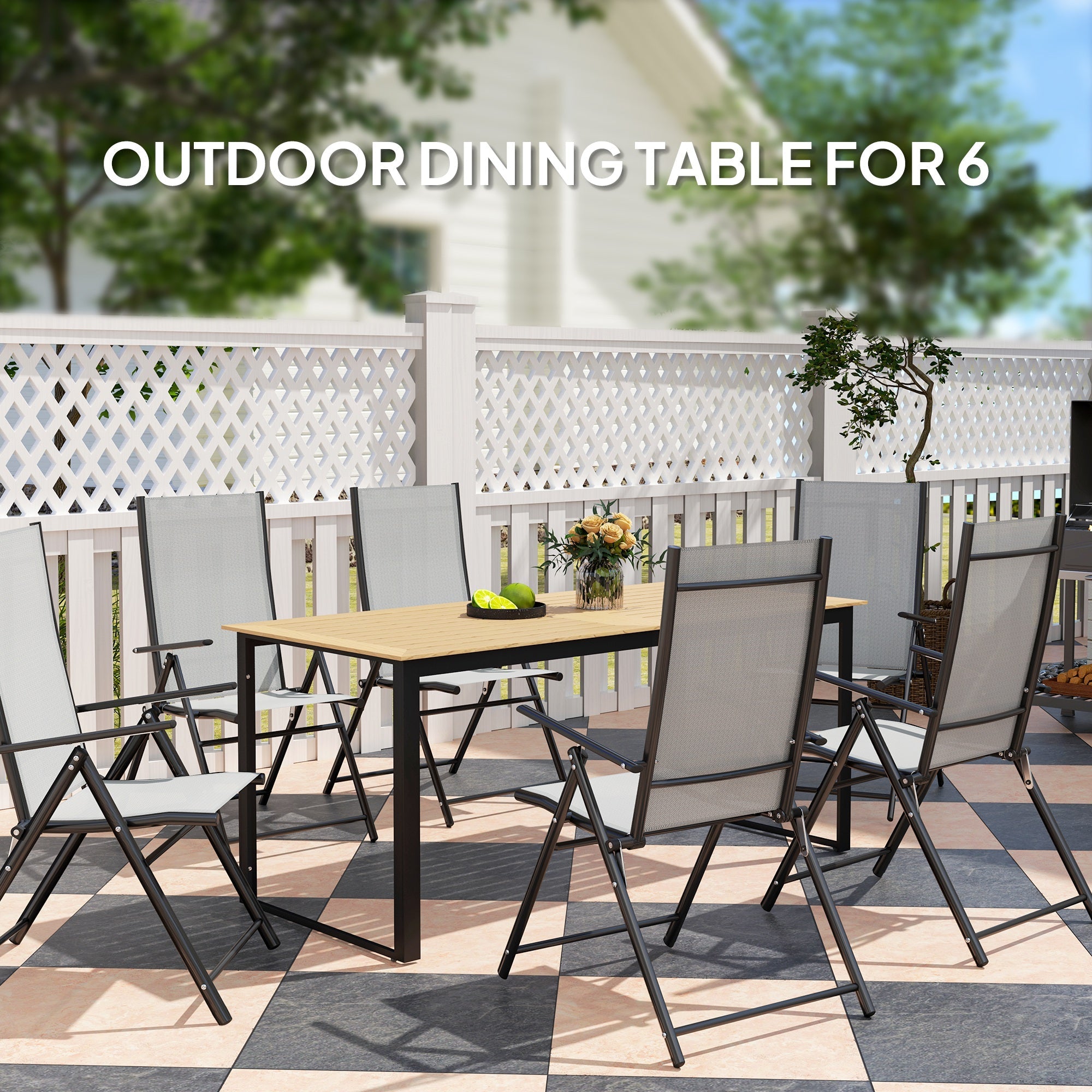 Outsunny Garden Dining Table, 175 x 78 x 75 cm Rectangle Outdoor Table for 6 People with Slatted Table Top, Metal Frame, for Balcony, Deck, Teak 