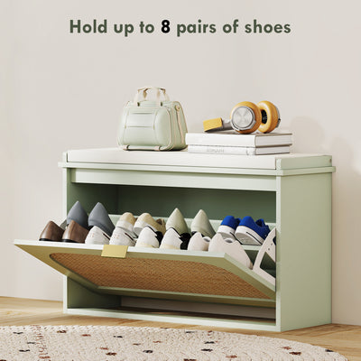 HOMCOM Boho Shoe Bench with Padded Seat and Flip-Drawer - Light Green 