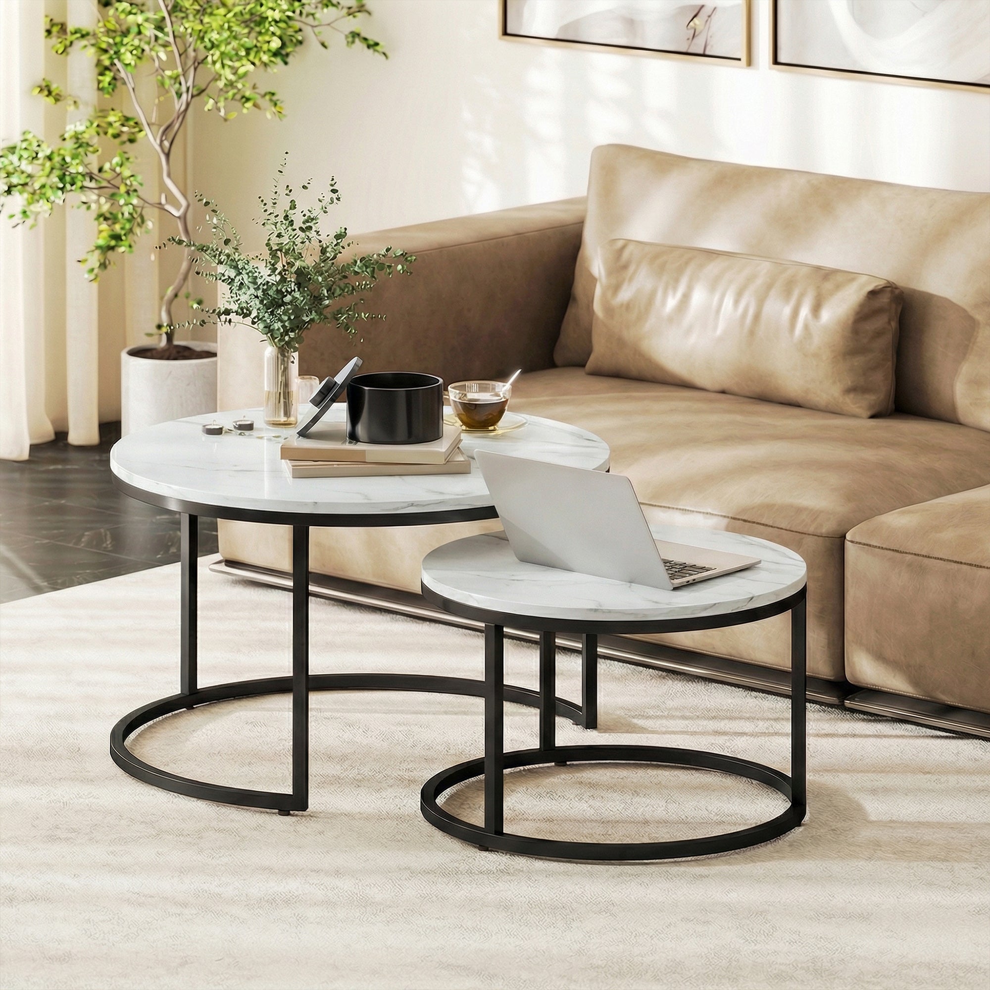 HOMCOM Set of Two Marble-Effect Stacking Tables - White 