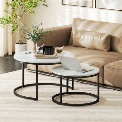 HOMCOM Set of Two Marble-Effect Stacking Tables - White 