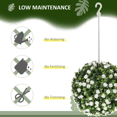 HOMCOM Set of 2 Decorative Artificial Plants, UV-protected Artificial Plant Topiary Rose Balls, Fake Plants for Home Indoor outdoor Decor, 28cm, White 