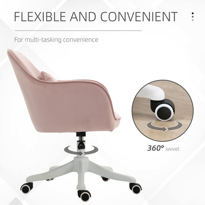 Vinsetto Velvet Office Chair, Desk Chair, Makeup Vanity Chair with Massage Lumbar Pillow and Rolling Wheels for Bedroom and Home, Pink 