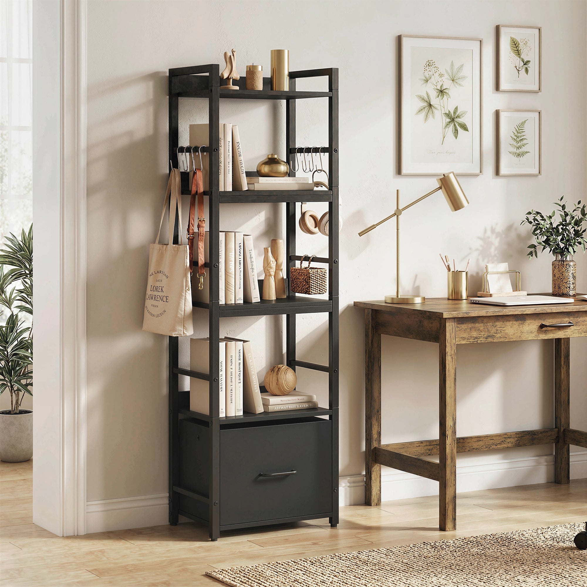 HOMCOM 4-Tier Bookshelf, Narrow Bookcase with Drawer, 8 Hooks, Metal Frame, Black 