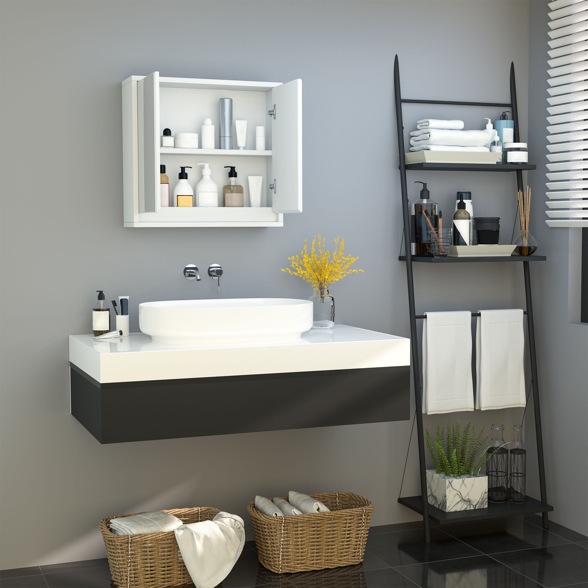 HOMCOM Bathroom Mirror Cabinet Wall Mounted Storage Shelf Bathroom Cupboard Double Door, White 