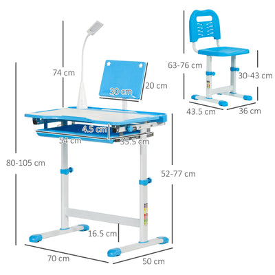 HOMCOM Kids Study Desk and Chair Set w/ Adjustable Height, Storage, Drawer, Blue 
