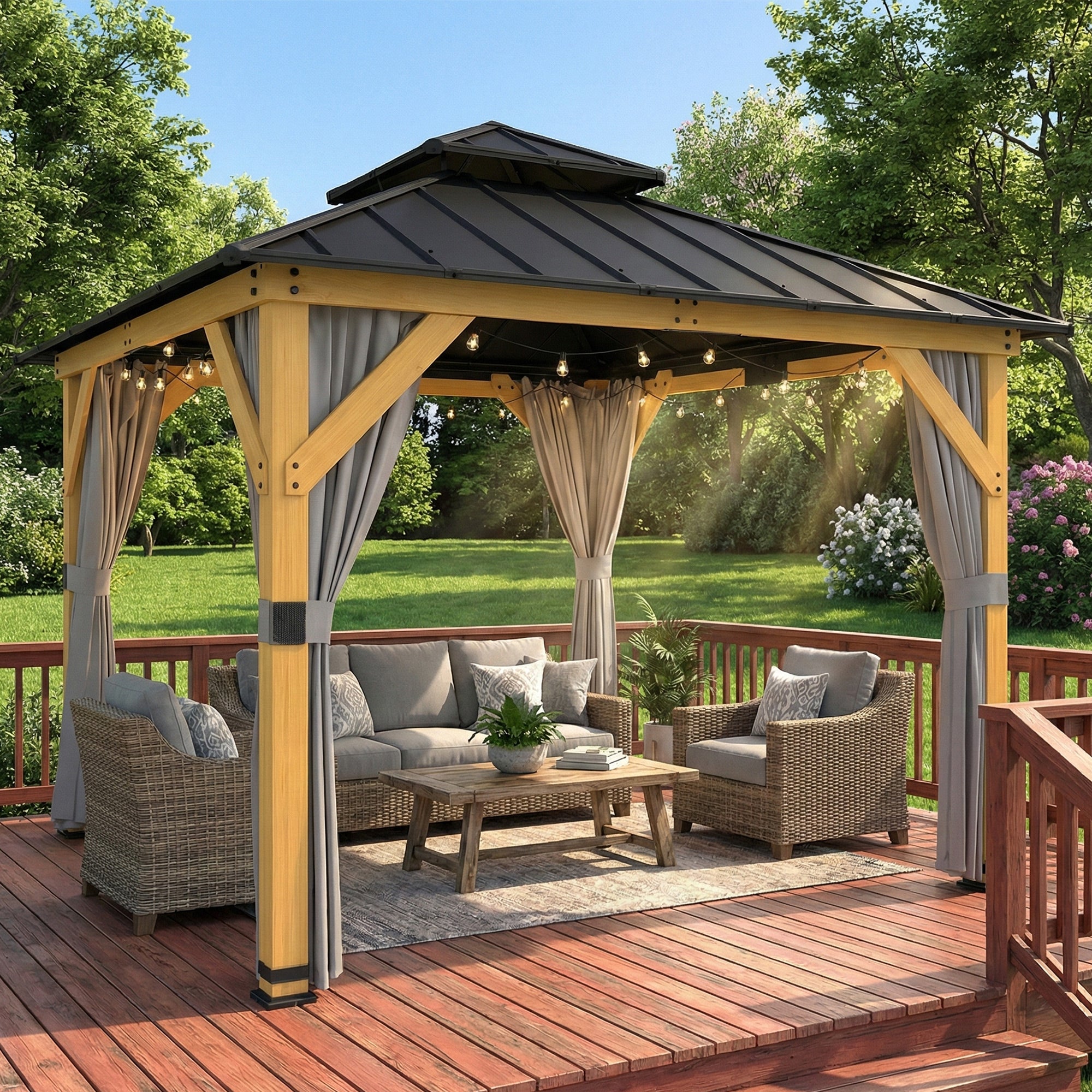 Outsunny 3 x 3 m Outdoor Hardtop Gazebo Canopy with 2-Tier Steel Roof, Wood Garden Gazebo with Curtains, Grey 