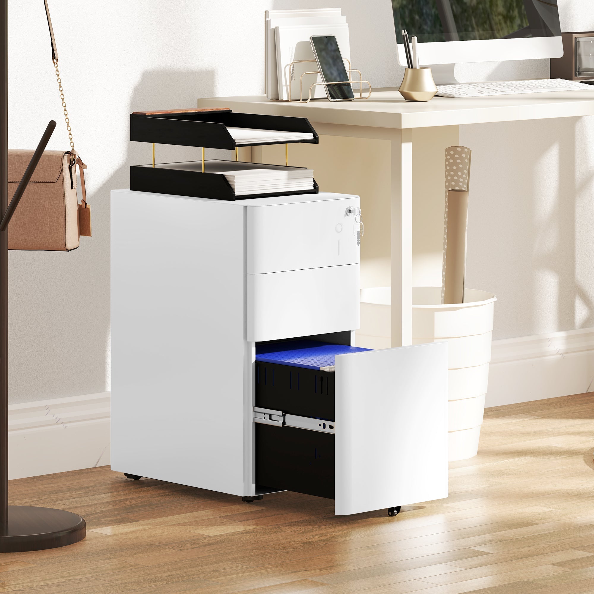 Vinsetto 3-Drawer Steel Filing Cabinet with Lock - White 