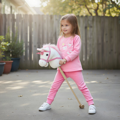 AIYAPLAY Unicorn Stick Horse with Wood Wheels, Real Pony Neighing and Galloping Sounds, Grip Handle, 95 cm, White 