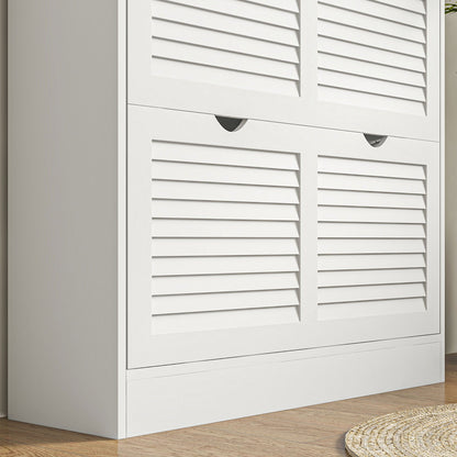 HOMCOM 2 Drawers Entryway Shoe Cabinet, Narrow Shoe Storage Cabinet with 2 Flip Drawers, Louvred Door Design and Adjustable Shelves for 16 Pairs of Shoes, White 