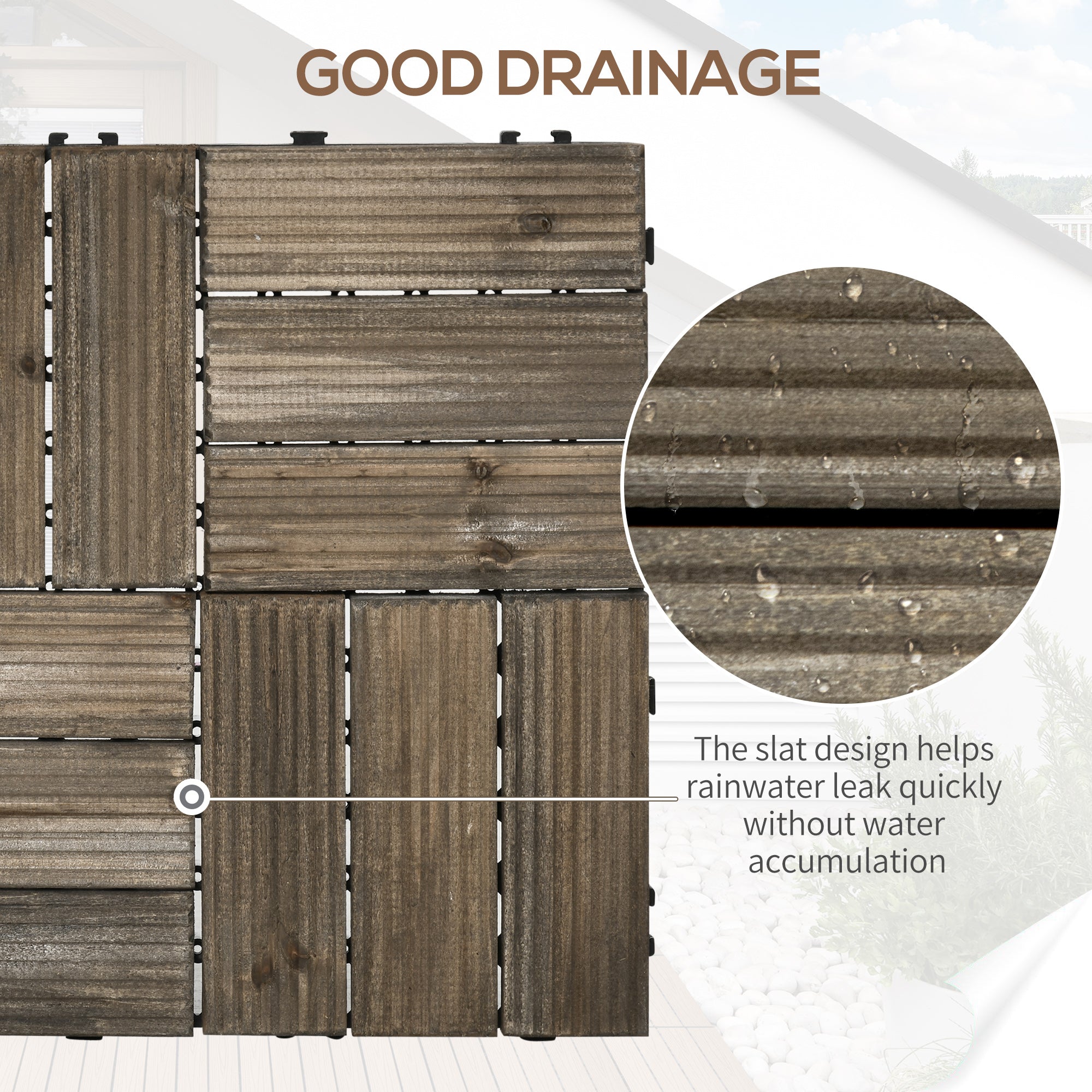 Outsunny 27 Pcs Wooden Interlocking Decking Tiles, Outdoor Flooring Tiles for Patio, Balcony, Terrace, Hot Tub, 30 x 30 cm per Piece, 2.5\'e3\'8e\'a1 per Pack, Charcoal Grey