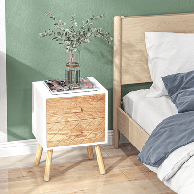 HOMCOM Bedside Table Set of 2, Modern Bedside Cabinets with Drawer and Pine Wood Legs, Nightstand for Bedroom, White and Natural 