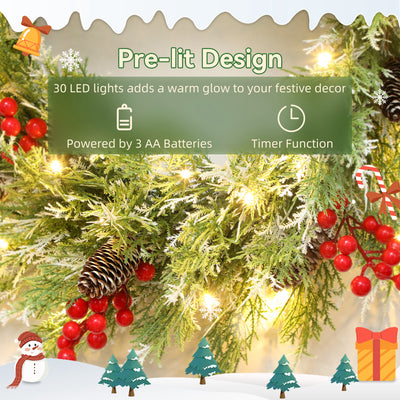 HOMCOM 60 cm Prelit Christmas Wreath, Door Wreath with Realistic Branches, 30 Warm White LEDs, Timer, Battery Operated 