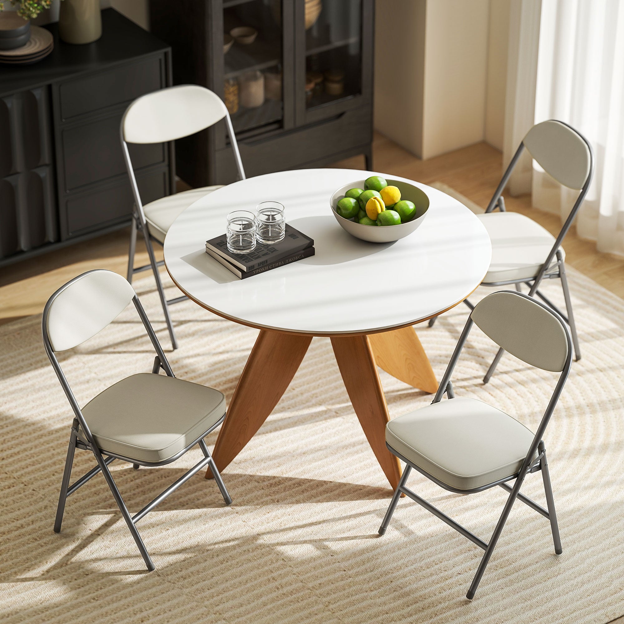 HOMCOM Set of Four Folding Corduroy Seat Chairs, Cream