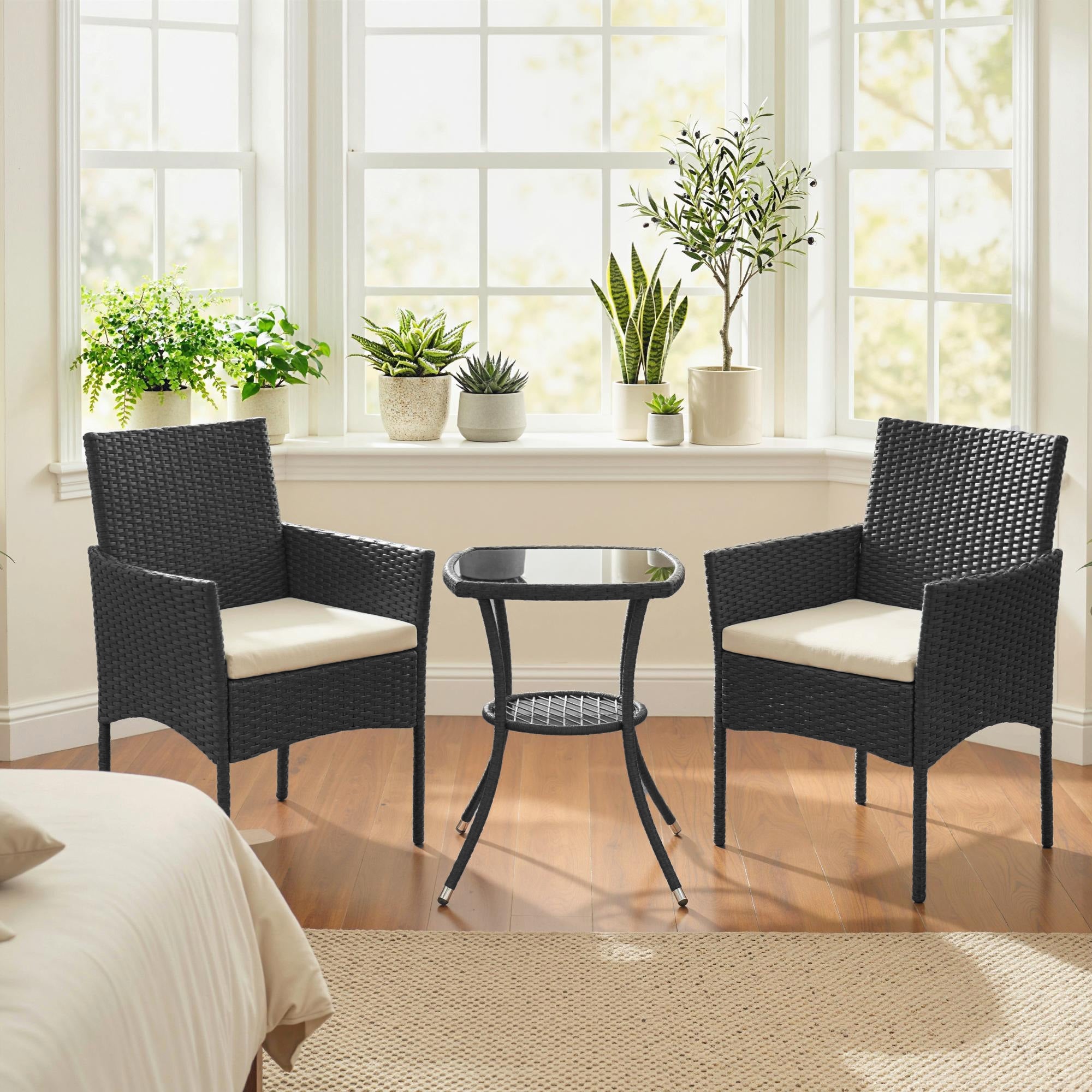 Outsunny 3 Piece Rattan Bistro Set, PE Wicker Garden Furniture Conversation Set with 2 Tier Glass-Top Table, Chairs, Cream White 